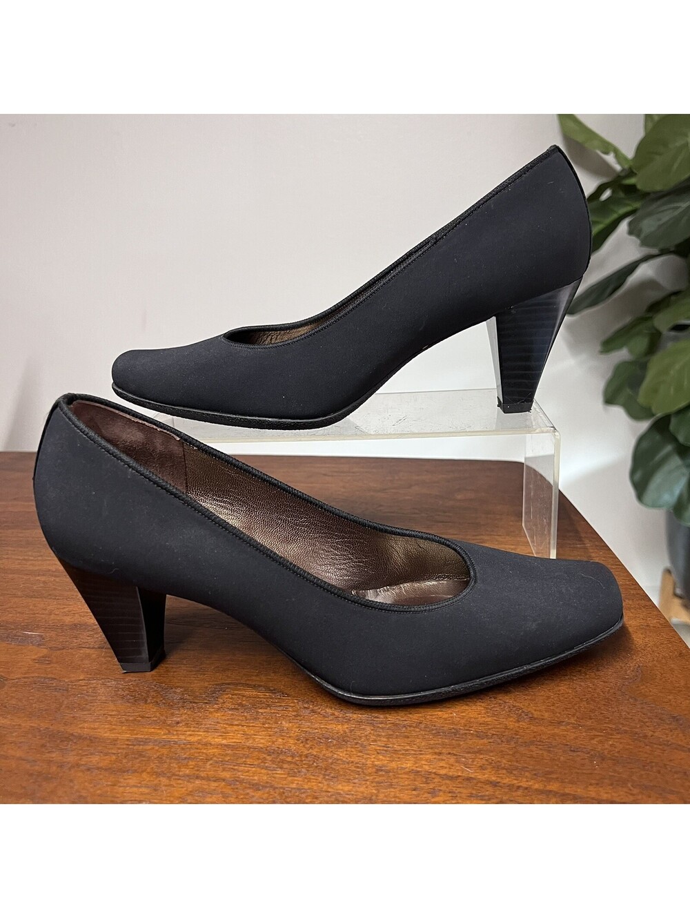 NEW Peter Kaiser 7.5 Black Pumps Fabric Leather Square Toe Cone Heel Shoe